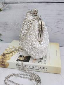 White Color Women Pearl Clutch Bag, Beaded Evening Bag, Wedding Clutch With Handle Suitable For Parties, Weddings, Formal Events, Prom Dresses, Bridesmaids Dresses, Perfect For Party Wedding Prom Dinner/Banquet, Matching With Holiday Party Dress Evening Dress & Sequin Dress Banquet Bag Bridal Wallet Party Pearl Handbag, It Is An Ideal Gift For Women, Elegant Pearl Bag, Prom Bag For Party - White - View 9