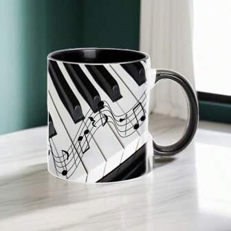 1 Pc, 330ml/11 Oz Inner Color Black Ceramic Mug With Unique Piano/Keyboard Design For Music Lovers - Microwave Safe, Suitable For Iced Coffee, Tea, Juice - Ideal Gift For Music Teachers, Piano Teachers, Boyfriends, Girlfriends, Brothers, Sons, Fathers, Coffee Lovers, Graduates, Family And Friends - Suitable For Holidays, Birthdays, Parties Back To School