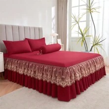 1 件优雅蕾丝床裙,纯色柔软防尘床罩,四季使用,加大码,防滑床单,卧室装饰(床裙*1,无枕套) - 酒紅色 - 查看 4