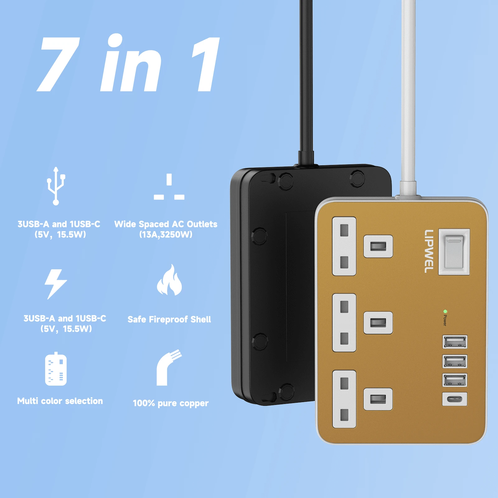 电源 7 合 1 扁平插头电源插座延长线，4 个 USB 充电端口延长插座，壁挂式，一键电源控制，过载保护，13A 3120W 电源插座，黑白金，适用于家庭办公室