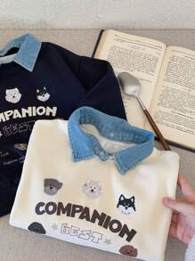 2 件春季儿童连帽运动衫，男女通用卡通小狗牛仔领套头衫，时尚
