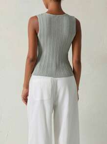 Women's Ribbed Knit Tank Tops Slim Solid Color Button Down Round Neck Sleeveless Shirt For Summer