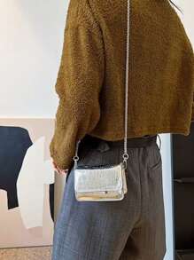 Mini Square Bag Metallic Crocodile Embossed Flap , Funky, Punk & Bag For Street Wear