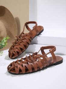 Women's Vintage Style Woven Hollow Closed Toe Chunky Heeled Sandals, Versatile Summer/Spring/Fall Retro Roman Shoes