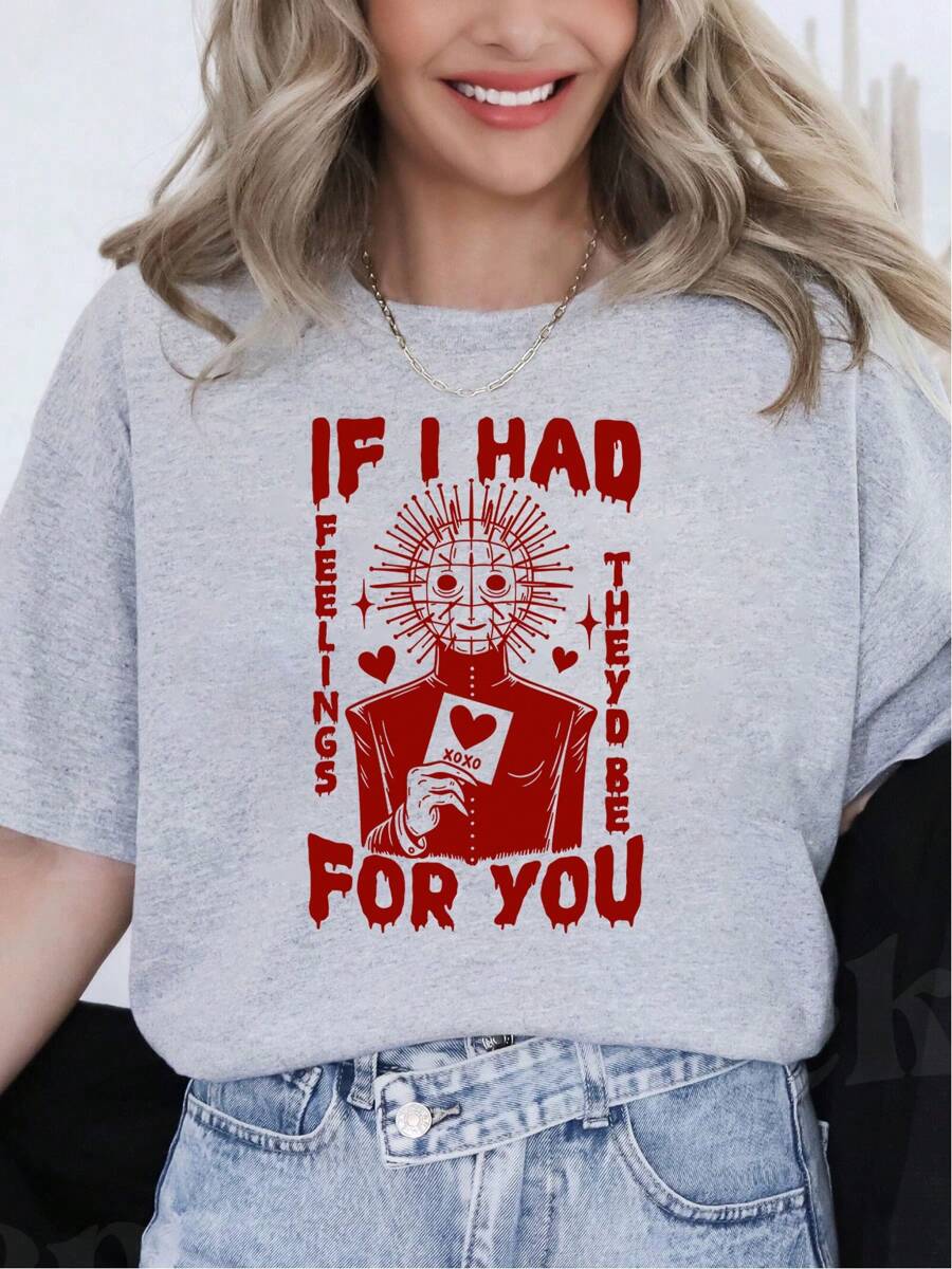 Oversized Style For Women, If I Had For You, Funny Horror Valentines Tshirt, Adult Humor Valentines Day Tshirt, Snarky Nightmare LoveTee, Scary Vday, Valentine Shirt, Loose Type Shirt For Women, Perfect For Holiday Parties Or Gift Giving, Soft And Comfortable - 灰色 - 查看 1