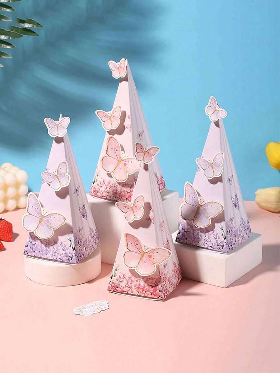 5pcs Butterfly Gift Box, Triangular Butterfly Theme Birthday Wedding Family Holiday Party Gift Packaging Supplies - 5PCS - View 1