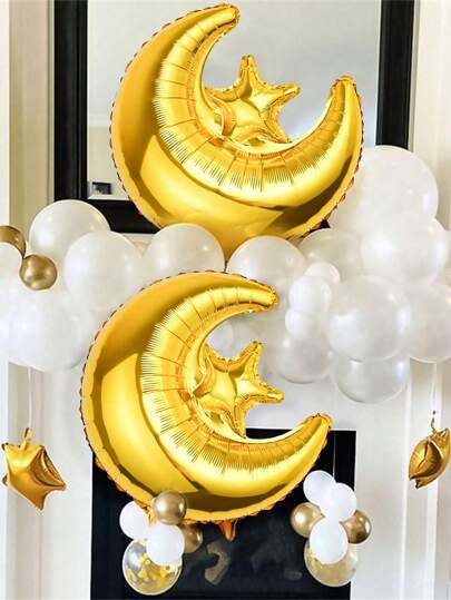 2pcs Eid Moon & Star Foil Balloons, In Gold, Rose Gold & Silver Colors, Suitable For Ramadan Holiday Theme Party Decoration, Eid Mubarak, Home Eid Decorations, Ramadan Party