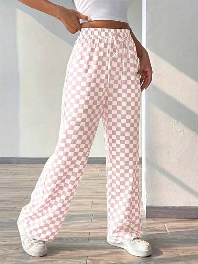 Plaid Print Casual Loose Drawstring Wide Leg Pants