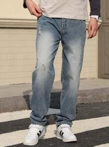 Jeans droits décontractés vintage lavés pour garçons, pantalon en jean déchiré pour adolescents, printemps/automne
