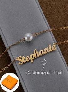 1pc DIY Customized Double Layer Pearl Hollow English Letter Stainless Steel Pendant Necklace Cross Border New Women's Jewelry Customizable Name Simple Daily Style, Products Including Gift Box, Valentine's Day Gift, Birthday Gift, Mother's Day Gift, Daily Gift