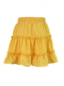 Falda corta con volantes y estampado floral para mujer, cintura alta, corte en A, plisada y anudada para verano
