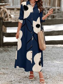 Spring And Summer Women's Lapel Floral Print Long Sleeve Maxi Shirt Dress,Vacation Beach Outfits - 藍色 - 查看 4