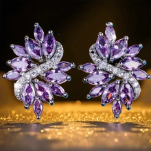 1 对优雅叶子设计方晶锆石耳钉，适合女士 - 奢华婚礼/派对/日常珠宝 - 闪亮配饰 - 紫色 - 查看 7
