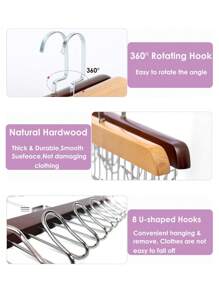 1PC/2PCS Gancho de cinto de guarda-roupa, cabide de madeira resistente com 8 ganchos, cabide giratório de 360 ° que economiza espaço. Cabide de armazenamento de guarda-roupa adequado para cintos, gravatas, coletes, sutiãs, cachecóis