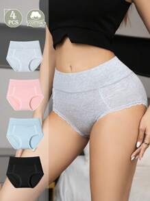 4 pièces de sous-vêtements triangulaires haute taille à haute élasticité pour femmes, décontractés et confortables, sans marque, avec une combinaison de dentelle sur les hanches pleines. Ensemble multicolore de culottes mode respirantes et antibactériennes personnalisées