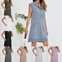 Women's Sporty Casual Sleeveless Knit Dress Half Placket Pullover Threaded Locked Edge - 霧霾藍 - 查看 2