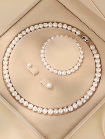 4pcs Pearl Beaded Jewelry Set, Fashion Simple 925 Silver Clasp Necklace Bracelet Earrings Kit, 6mm/8mm/10mm Pearl Size, Gift For Women, Came With Black Gift Box (Pearl Quantity Is Random)