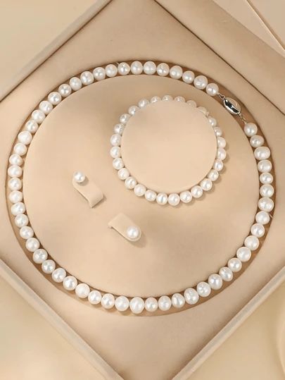4pcs Pearl Beaded Jewelry Set, Fashion Simple 925 Silver Clasp Necklace Bracelet Earrings Kit, 6mm/8mm/10mm Pearl Size, Gift For Women, Came With Black Gift Box (Pearl Quantity Is Random)