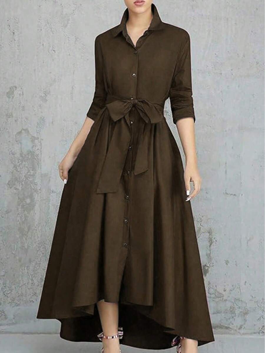 Women's Solid Color Knotted Waist A-Line Dress, New Autumn/Winter Design - Coffee Brown - View 1