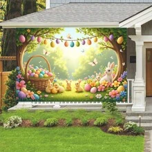 1 DRIHANCO Banner de fondo de fibra de poliéster para Pascua, con escenas de jardín con huevos de Pascua coloridos y conejos, adecuado para decoración universal de eventos de Pascua, apto para uso interior y exterior
