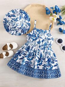 Set de 2 piezas de vestido y sombrero con estampado floral, estilo casual y elegante para niña bebé, para primavera/verano