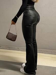 Spring Black American Style Faux Leather Flared Pants, Slimming And Leg-Lengthening, Fashionable For Young Women