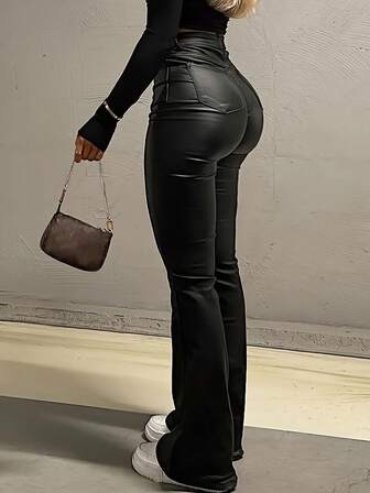 Pantalones acampanados de estilo estadounidense negro de primavera de piel sintética, adelgazantes y alargadores de piernas, de moda para mujeres jóvenes