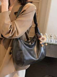 1 Pc, (13.4in*11.0in*7.1in) Fashion Women Shoulder Bag, Cross-Body Bag, Messenger Bag, Crescent Bag, Made Of PU Material, Suitable For Shopping, Dating, Gatherings, Commuting, Adjustable Strap, Decorative Accessories, Elegant Minimalist Casual Chic Coffee Color Shoulder Bag For Women - 黑色 - 查看 4