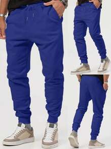 Pantalón de chándal para hombre de unicolor con cordón elástico, pantalón cargo con bolsillos, pantalón casual para uso urbano - Azul - Ver 3