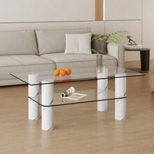 Modern Minimalist Double Layered Transparent Tempered Glass Coffee Table And Coffee Table, Paired With White MDF Drative Columns. Computer Desk. Game Table. CT-X02