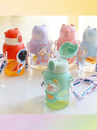 1PC Garrafa de água de plástico de desenho animado, copo de canudo de verão fofo com alça, garrafa de água portátil para esportes, condicionamento físico, viagens ao ar livre, volta às aulas 600ML/20,29OZ