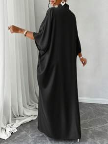 Women's Apricot V-Neck Batwing Sleeve Split Hem Dress, Casual Everyday Wear For Autumn/Winter, Suitable For Leisure, Shopping, Outings, Easy To Match - Black - View 6