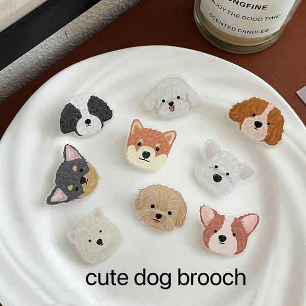 9pcs Cartoon Acrylic Dog Animal Brooch, Cute Pin Badge Clothing Decor, Dog Prize Medal