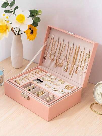 1pc Large Capacity PU Leather Jewelry Box, Lockable Jewelry Organizer Suitable For Women, Girls And Men, Soft Lining For Storing Rings, Pendants, Earrings, Necklaces, Bracelets, Watches, Lipsticks, Nail Care Items, Modern Style, Great Gift For Women And Mothers, Ideal For Teacher's Day, Valentine's Day And Back To School Season