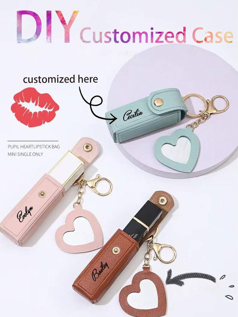 1pc Customizable Lipstick Holder, Can Customize Text, Name, Convenient Portable Lipstick Pouch With Creative Mini Mirror And Keychain, PU Leather, Suitable As Bridesmaid Gift, Birthday Gift, Grandma Gift, Anniversary Gift, Valentine's Gift, Mother's Day Gift, Best Friend Gift, Gift For Mom, Gift For Girlfriend, Gift For Her, Gift For Wife