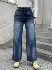 大码女式宽松阔腿牛仔裤，带抽绳和大口袋，休闲度假春季款 - 中等水洗藍 - 查看 4