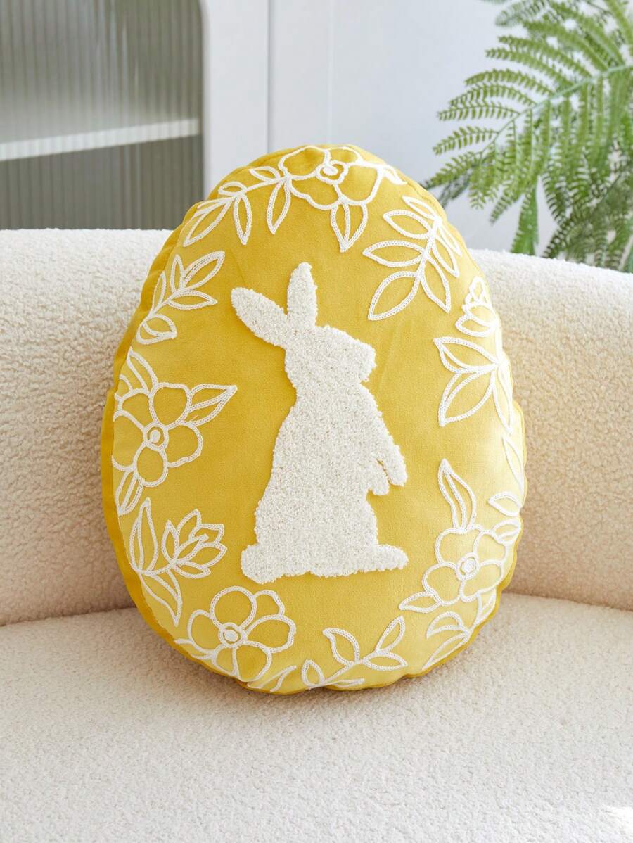 1pc Easter Yellow Rabbit Embroidered Asymmetric Shaped Throw Pillow Cover, Spring Floral Pillow Sham, Easter Decorative Egg Shaped Cushion Cover, Suitable For Indoor Decor, Spring/Summer, Pillow Insert Not Included