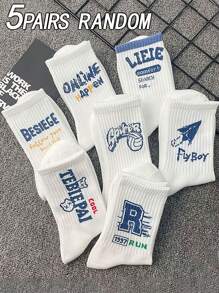 5 Pairs Men's Crew Socks With Random White, Blue, Letter & Number Graphic Prints, Fashionable, Versatile, Soft & Comfortable, Moisture-Wicking