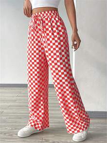 Pantalones anchos casuales de cinta de ajuste con estampado de cuadros - Rojo - Ver 3