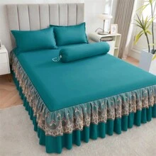 1 tấm váy giường ren thanh lịch, vỏ giường mềm chống bụi màu trơn phù hợp với mọi mùa, cỡ lớn, ga trải giường chống trượt (váy giường * 1, không có vỏ gối), đồ trang trí phòng ngủ - con công màu xanh - Xem 5