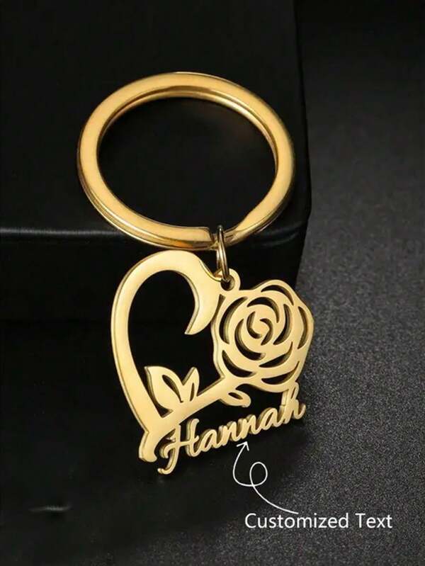 1 pièce Porte-clés en acier inoxydable personnalisé, style casual avec un design en forme de cœur et de rose. Porte-clés avec nom personnalisé, convient aux femmes, parfait pour la Saint-Valentin, les anniversaires, la fête des mères et les cadeaux quotidiens