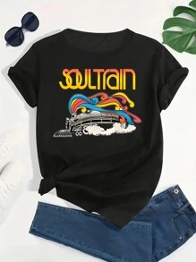 [Popular Choice] Women's Plus Size T-Shirt With Soul Train Graphic, Round Neck, Short Sleeve, Stretch Knit Polyester Blend Fabric - Machine Washable - 黑色 - 查看 2