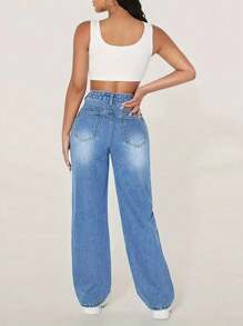 Women's High Waisted Boyfriend Baggy Jeans Straight Leg Casual Denim Pants - 中等水洗藍 - 查看 5