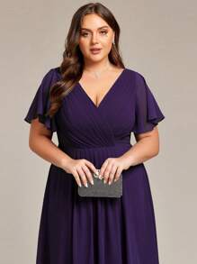 Plus Size Women's Double V-Neck Ruffle Sleeve A-Line Chiffon Mid-Length Formal Bridesmaid Dress - Purple - View 6