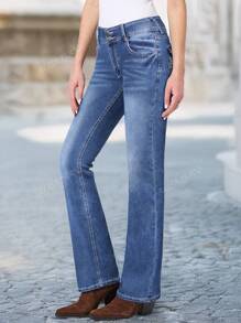 Women's Slim Fit Flared Jeans, Fashionable Flared Jeans With Embroidered Back Pockets, Elegant For Dating, Commuting, Casual Outing