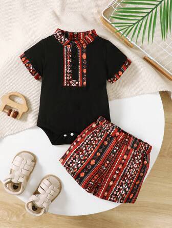 2 件套男婴复古印花短袖连体衣和短裤套装，舒适休闲搭配服装