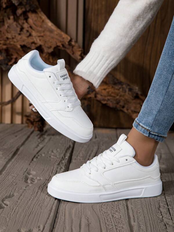 Sneakers casual da donna, con lacci, suola morbida, flat, bassa, punta rotonda, scarpe versatili bianche con suola spessa e assorbimento degli urti, adatte per feste, vacanze, compleanni e studenti