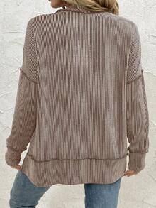 女式大码长袖衬衫秋季罗纹宽松大码运动衫休闲侧开衩束腰上衣 - 卡其色 - 查看 2