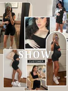Buttery Soft Maternity Bodysuit – Short Sleeve Romper, Square Neck, Photoshoot Casual Workout Maternity-Clothes - Black - View 5