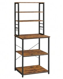 VASAGLE Kitchen Storage Rack, Coffee Bar, Baker's Rack, Total 6 Shelves And 6 Hooks, For Microwave, Steel Frame, Industrial, Rustic Brown And Black